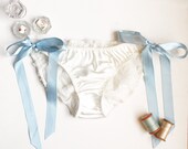 Bridal Side-Tie Panties 'Something Blue' Ivory satin and Chiffon Rosettes Made to Order