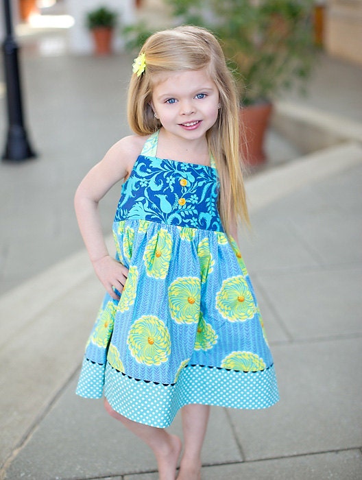Girls Blue and Gold Maize Halter Dress  Sizes 18MO-8