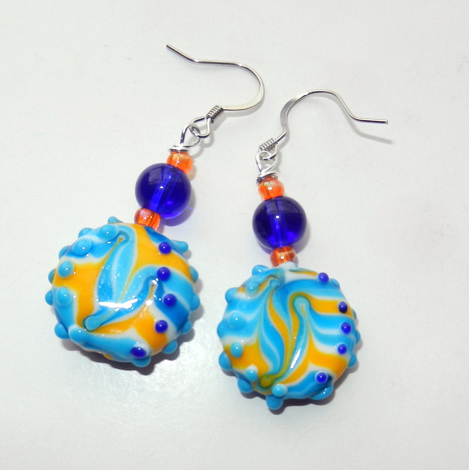 Blue and Citrus Lampwork Glass Earrings
