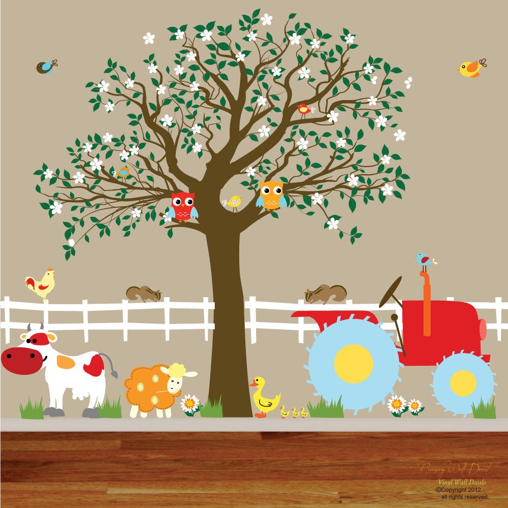 Vinyl Wall Decals Farm Set Tree with Barn,tractor,fence,horse,cow,pig,lamb,ducks,nursery playroom wall sticker mural