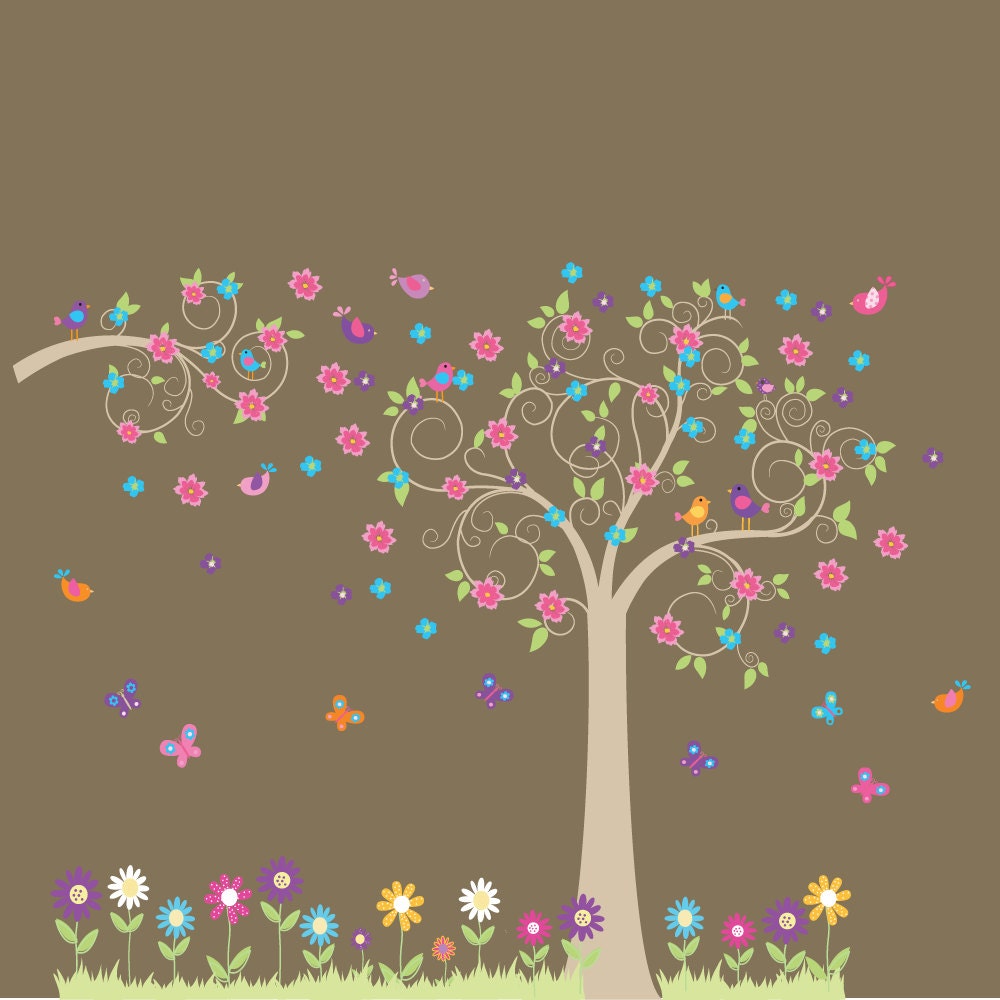 Custom Listing Swirl Tree and branch set with leaves,flowers birds,owls vinyl wall decal sticker nursery girls