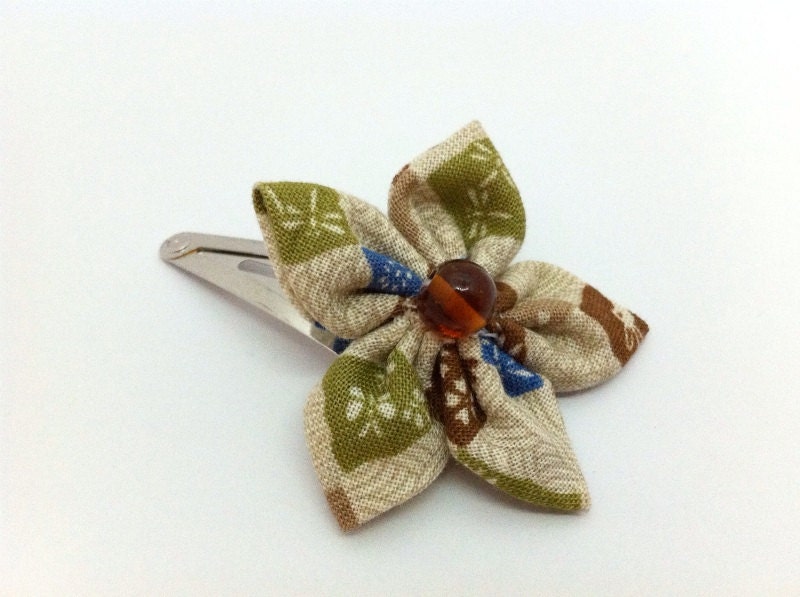 Fabric flower hairclip, Japanese Kanzashi, olive and brown checked print fabric, with dragonflies, butterflies, rabbits, flowers, amber bead