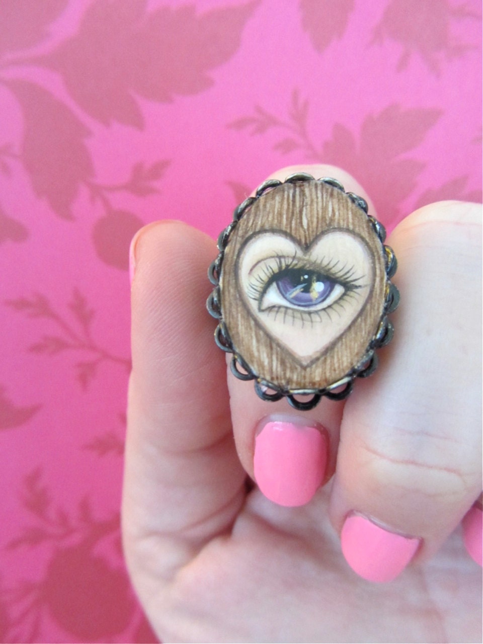 Eye Heart Hand Painted Adjustable Ring