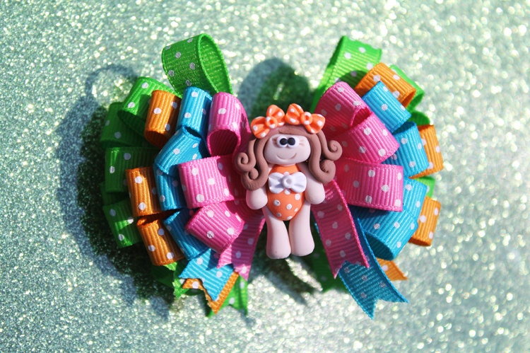 Beach Babe M2M Swimsuit Girl Hair Bow with Swimsuit Girl Polymer Bead - Matching flip flops sold seperately