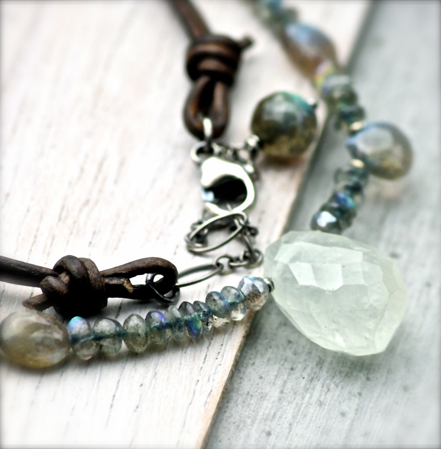Rustic Aquamarine and Labradorite Necklace, Aquamarine and Leather Necklace, Sterling Silver