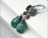 Rustic Chrysocolla and Ruby Earrings with Fine Silver