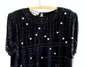 Sequin Glam / vintage Glam Rock Black Sequin Beads on Black Silk Blouse Top