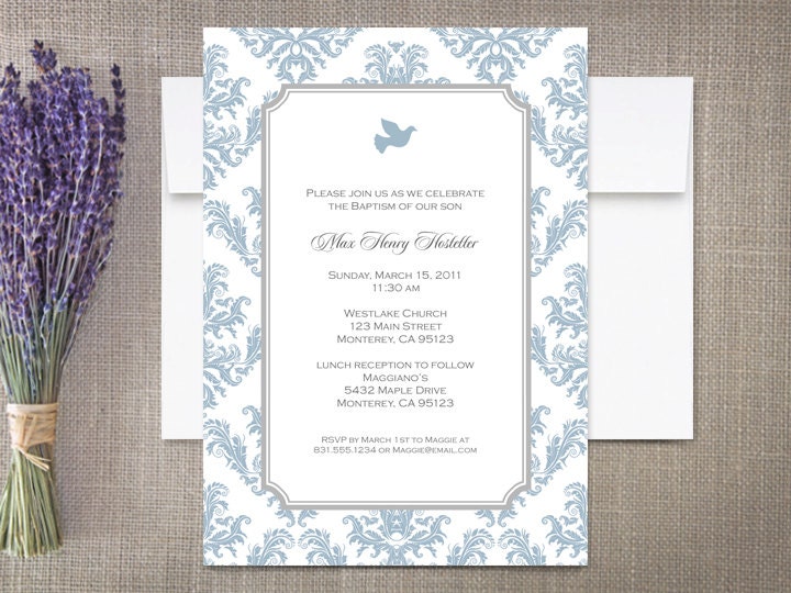 Baptism Invitations, Dove Damask