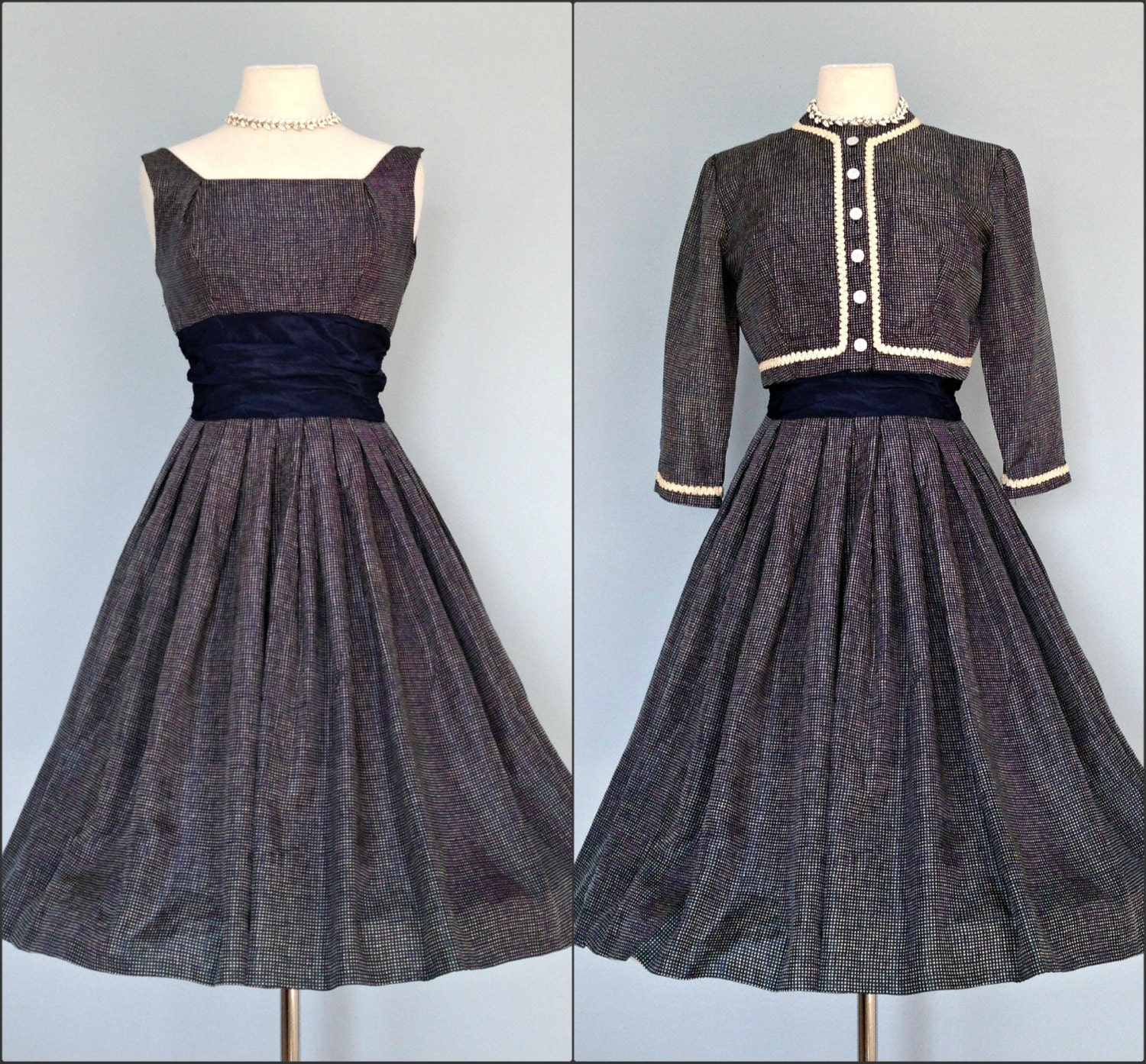Vintage 1960s Cocktail Dress...Lovely Navy and Ivory Mini Check Cocktail Dress with Bolero Jacket Party Dress