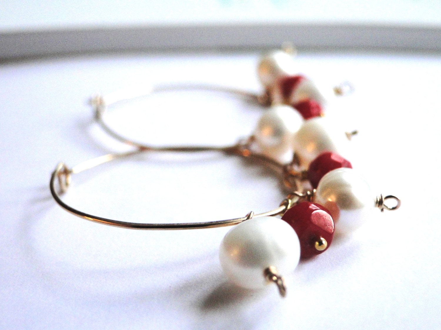 SPRING SALE - Jewelry Earrings, Accessories, Red Coral, 14kt Gold Filled Hoops, Creamy White Pearls