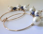 SPRING SALE - Dangle Earrings -  Sapphire Gemstone and Pearl Earrings, 14kt Gold Filled Hoops,  Accessories