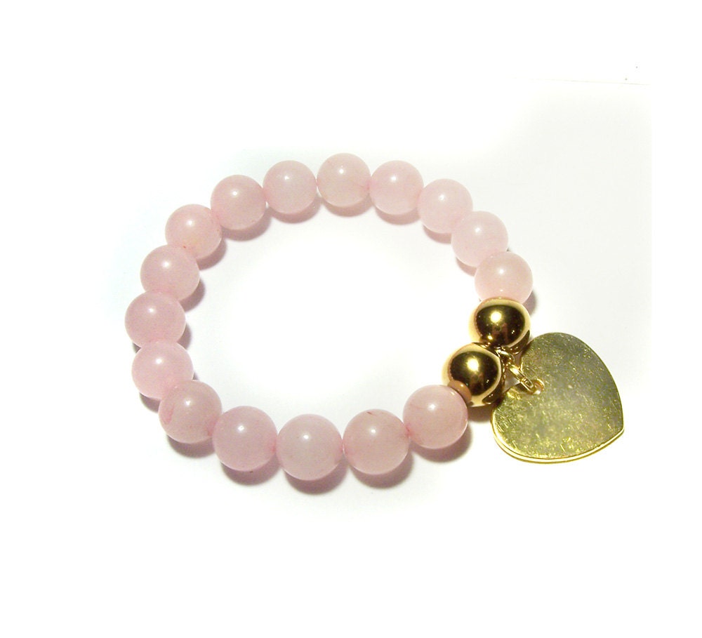 Rose Quartz Stretch Bracelet with Golden Heart Charm, Light Pink Stretch Bead Heart Bracelet