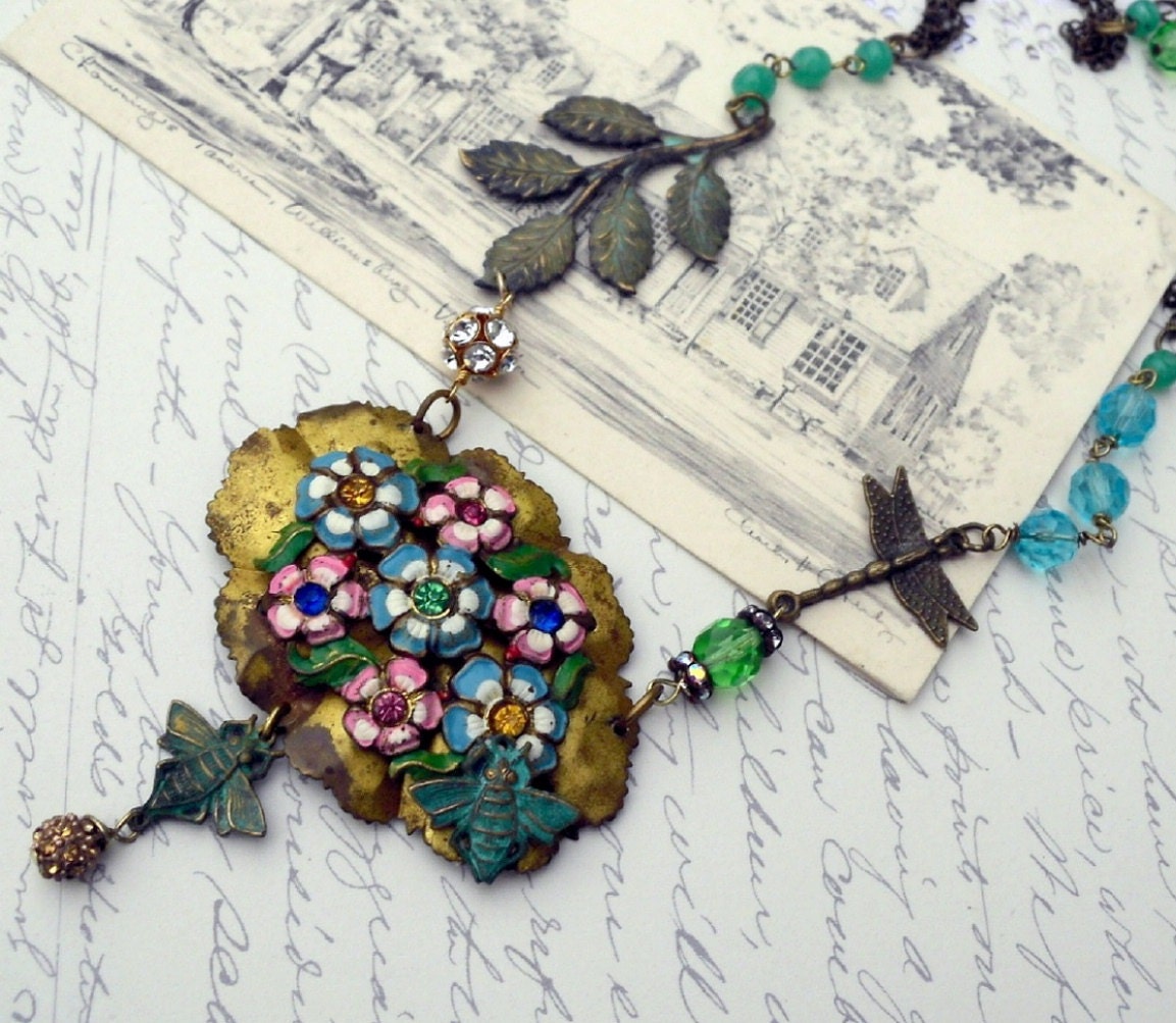 In My Garden Again, Vintage Enamel on Brass Flower and Insect Assemblage Necklace