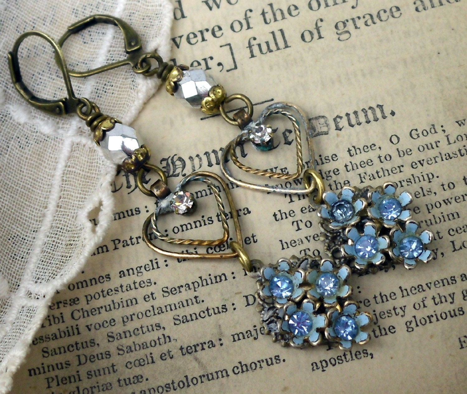 Something Blue, Vintage Blue Enamel Flower and Rhinestone Heart Assemblage Earrings
