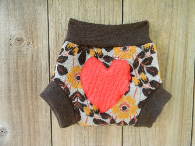 Upcycled Wool Soaker Cover Diaper Cover With Added Doubler Flower Print/Brown With Heart Applique SMALL 3-6M Kidsgogreen