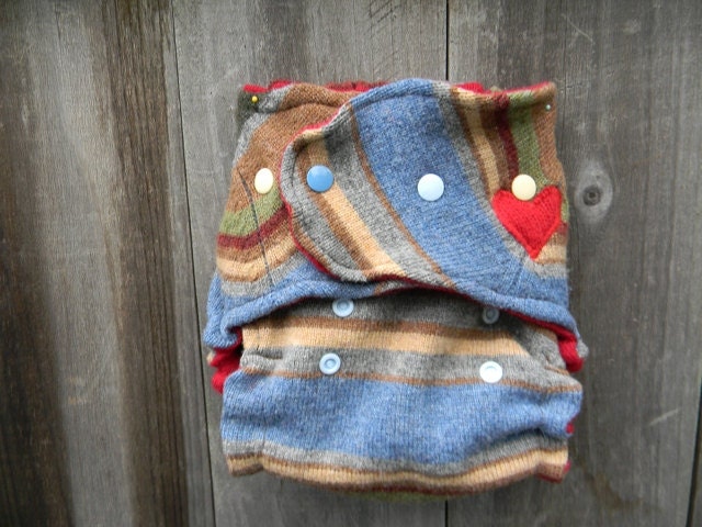 Upcycled Wool /Cashmere Nappy Cover Diaper Wrap Cloth Diaper Cover One Size Fits Most Multi Colored Stripes/Red