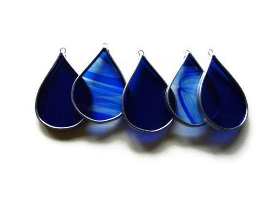 Stained Glass Blue Raindrops - Set of 5 Suncatcher Ornaments