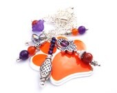 Tiger Paw Necklace, Purple Flower Bead, Orange Ceramic, Gemstone Dangles, Purple Amethyst, Evil Eye, Clemson Tigers