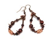 Copper Boho Earrings, Teardrop Design, Red Tiger Eye, Brown Jasper, Bright Copper, Barrel Beads, Long Dangle Earrings, Handmade Earrings