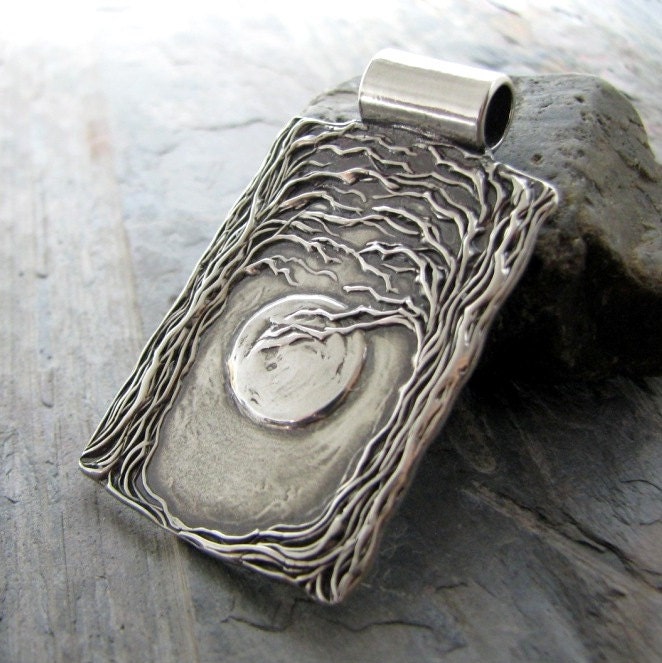 Artisan Fine Silver Pendant, Moon and Trees, Handmade in Recycled Silver From Artisan Original Carving, by SilverWishes