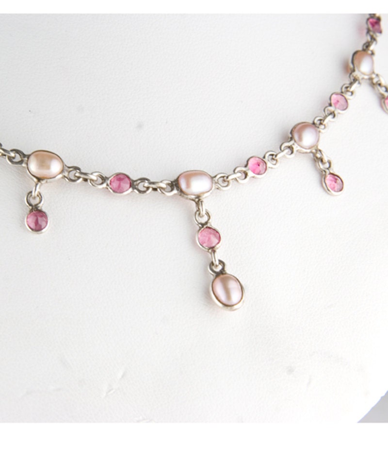 Perfect Pearl and Pink Tourmaline Sterling Silver Necklace