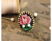 Embroidered Rose Ring, Vintage Needlepoint Jewelry, Eco Friendly Statement Ring, Shabby Chic Pink Jewelry For Her