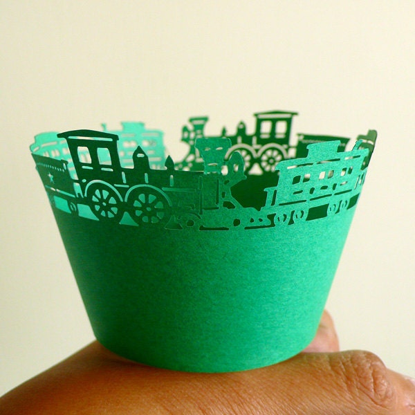 Cupcake Wrappers - Green Train - Laser Cut Green Cupcake Wrapper - Cake Deco / Cupcake Decoration / Packaging (6pcs) CUP07
