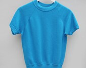 60s / 70s vintage short sleeved sweatshirt, turquoise blue, super soft, women's medium