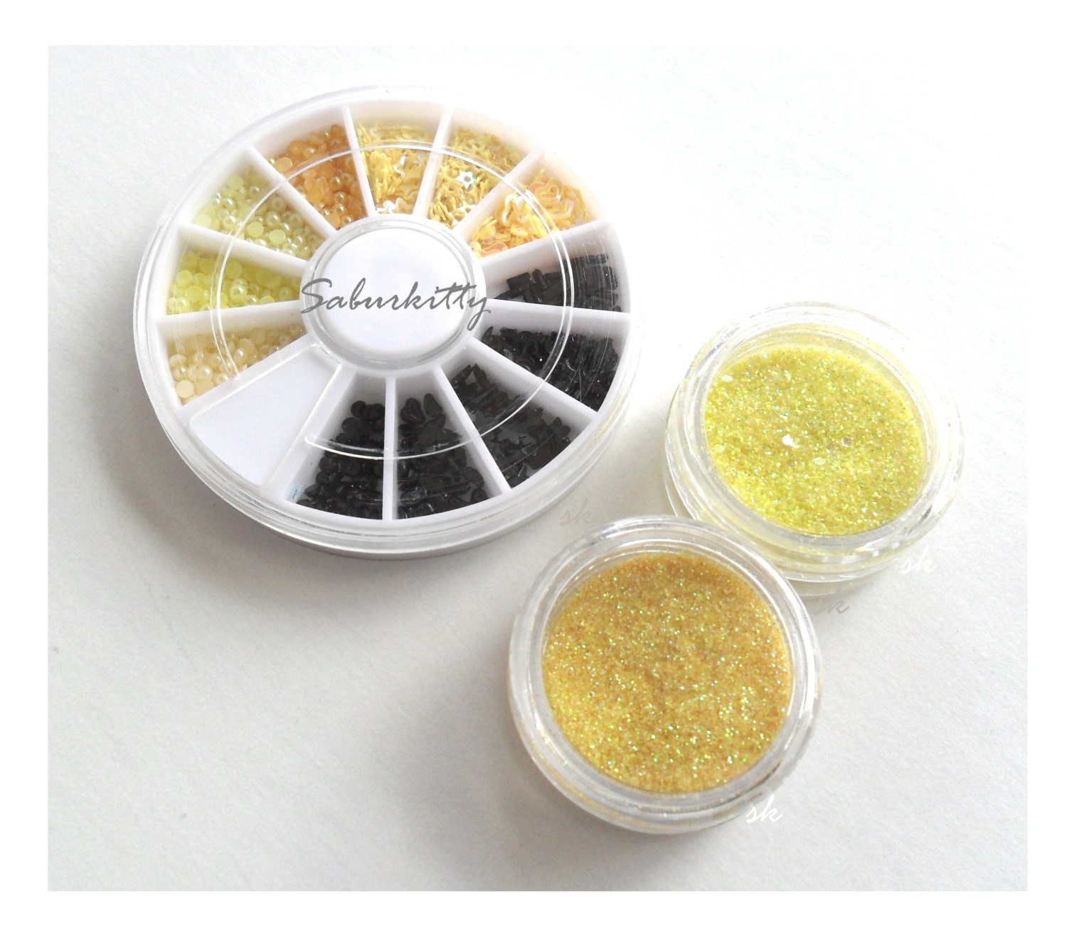 3D Yellow Black Deco Kit for Nail Art or Scrapbooking bee bumble glitter jar wheel decora