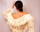 White Nights / Crochet Shrug Bolero Ivory Gold Wedding Bridal Shrug  3/4 Sleeve Cardigan Ruffle Bolero Jacket  S M L  By Lilithist