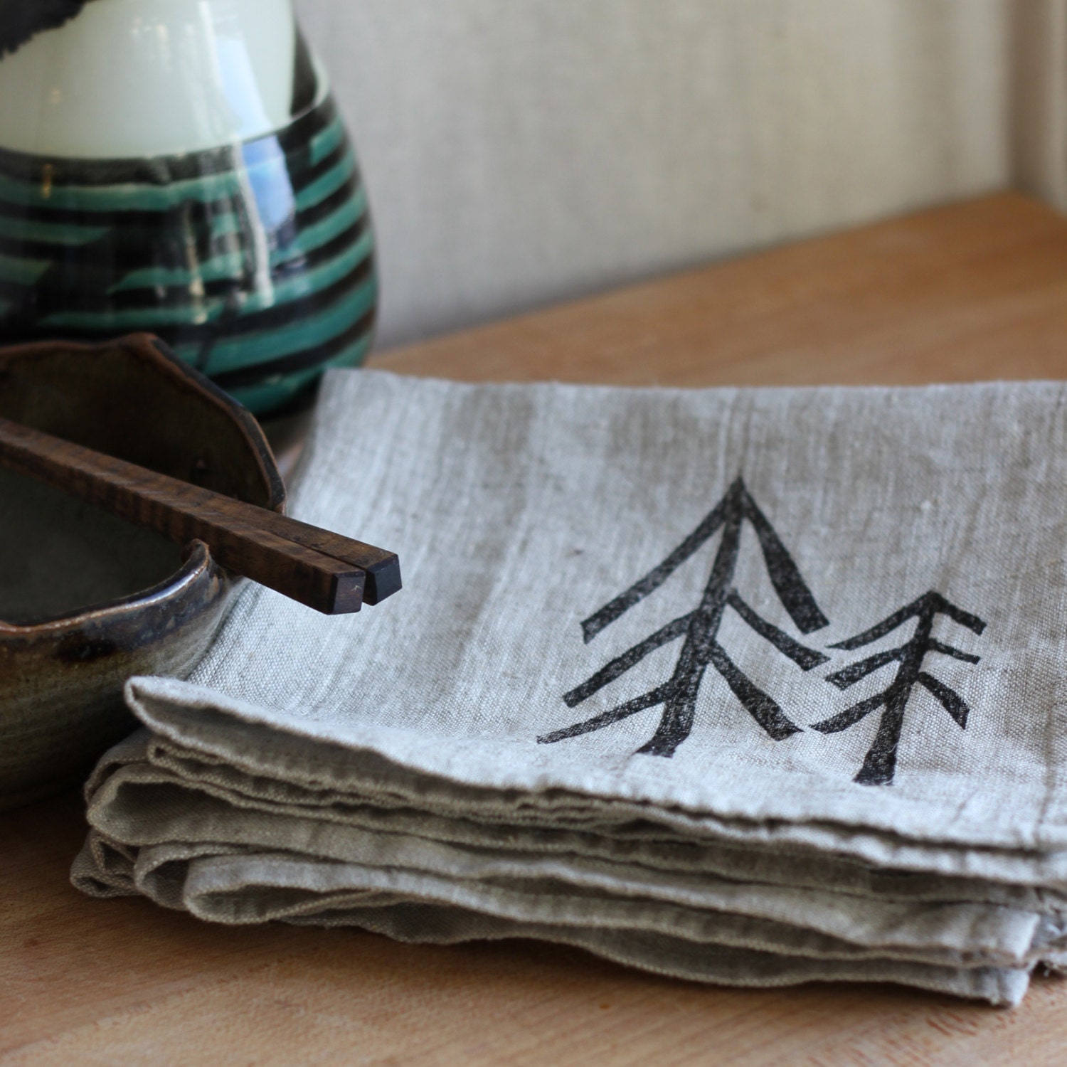 Linen Cloth Napkins, Set of Four, Tree Silhouette Block Print
