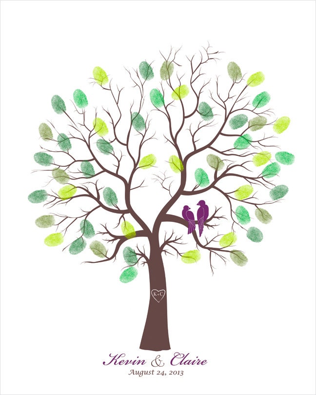 Wedding Guest Book Alternative Wedding Thumbprint Tree with Love Birds Fingerprint Tree ink Wedding Gift