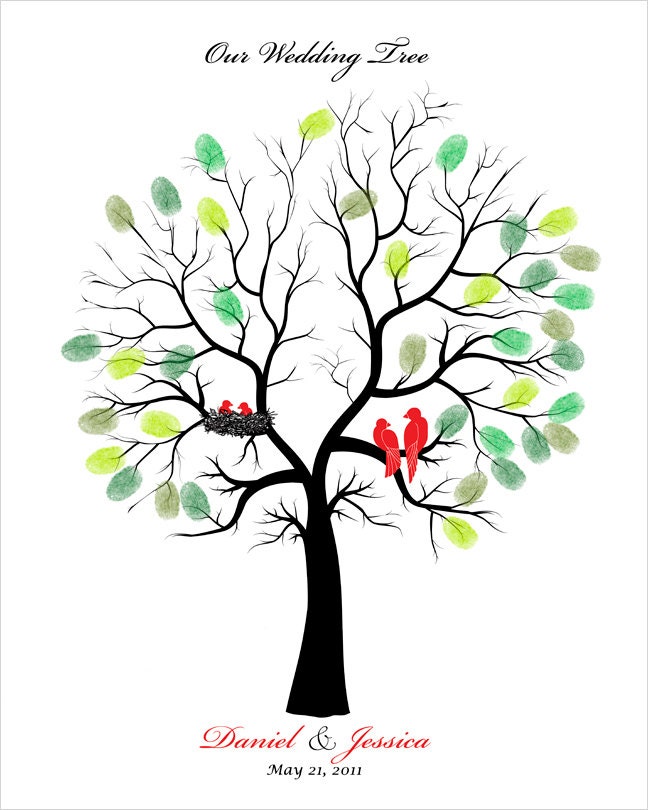 Wedding Family Tree guest book alternative, personalized gift poster with Love birds in a tree with babies in the nest, size 16x20