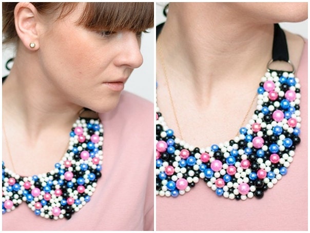 Beaded collar bib necklace jewelry Blue Pink Black White