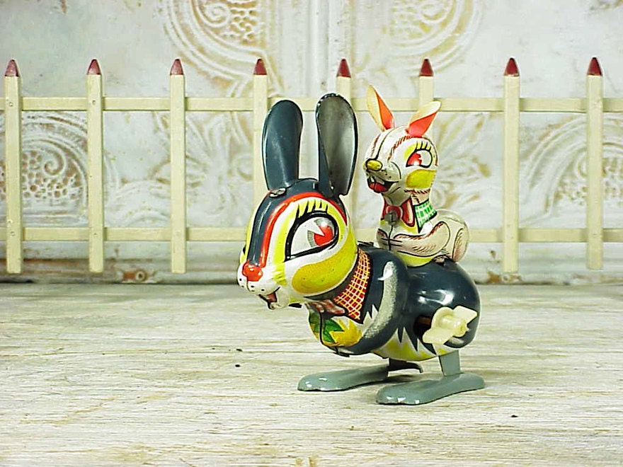 Vintage Tin Litho Easter Bunny with Baby Wind Up Toy