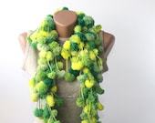 WINTER SALE Neon scarf - chunky scarf - crochet pompom scarf - lime green yellow emerald green - cocoon scarf - violasboutique