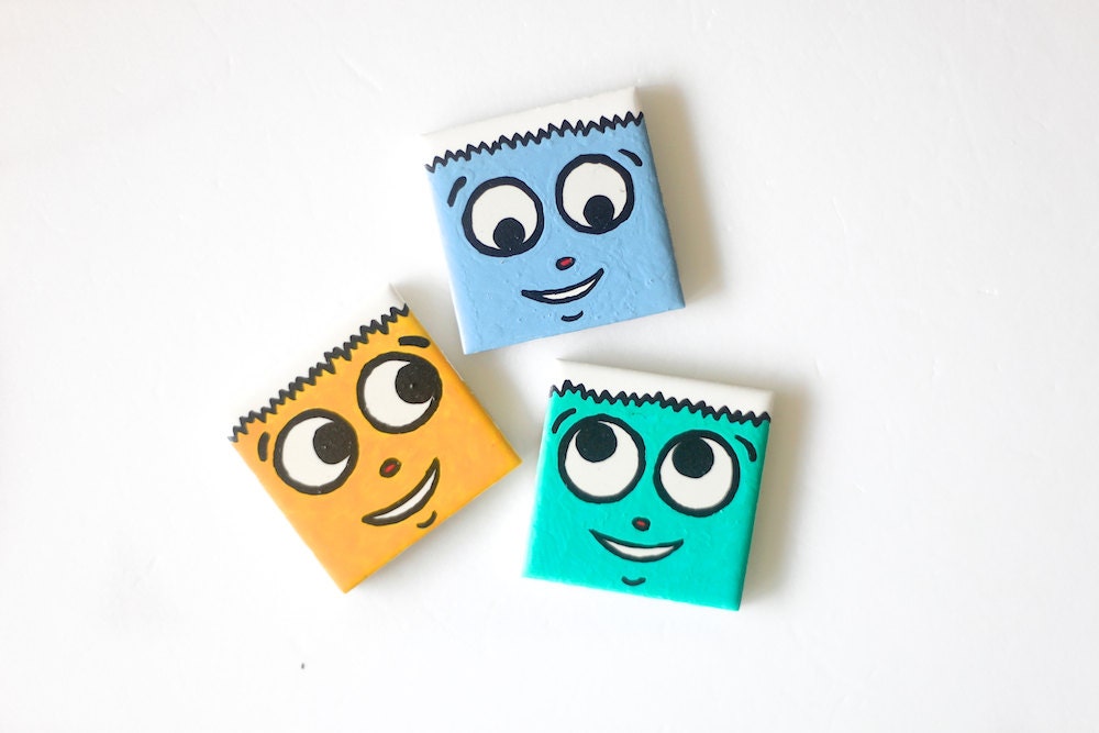 Hand Painted Ceramic Tile Magnets - Googley set of 3 . S347