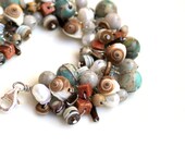 kelp forest wire beadwork bracelet / seashells / green creek jasper / feldspar beads / white pearls / wire wrap gift