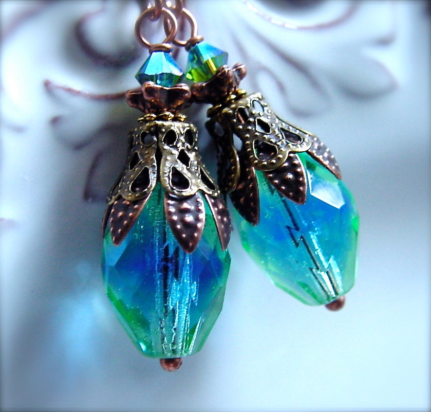 Two tone blue green beaded glass earrings antique design rare vintage beads