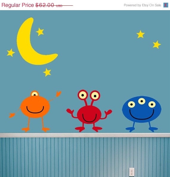 SALE 10% OFF WALL Decal Childrens Room Decor Alien Moon Stars Wall Decal Children