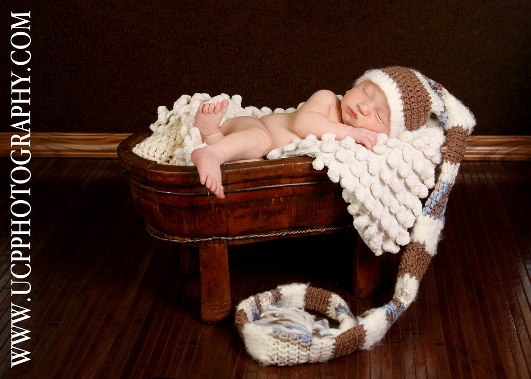 Newborn Long Brown Blue and Cream Stocking Style Hat (Girl colors also avail: pink brown and cream)