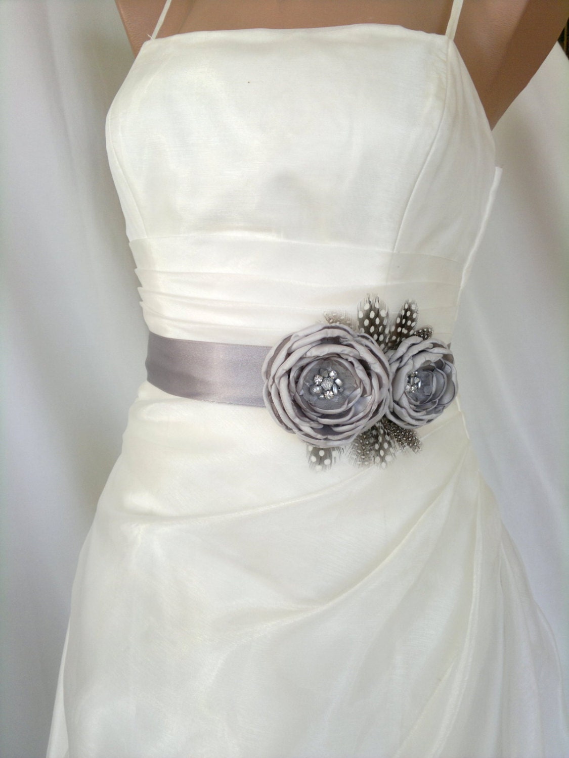Handcraft Grey Two Flowers With Feathers Wedding Bridal Sash Belt