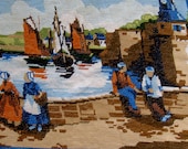 Vintage needlepoint tapestry Dutch boat scene