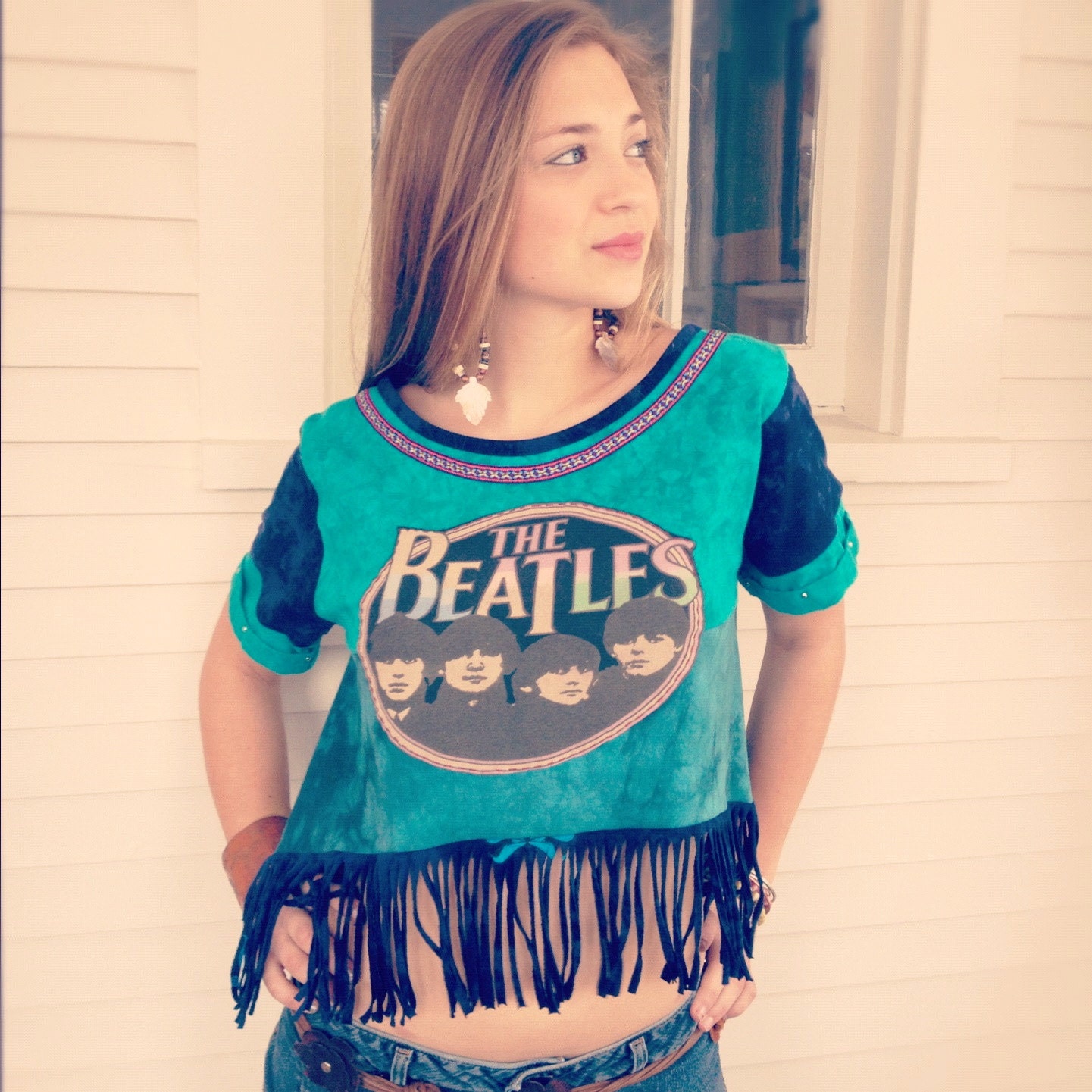 Eco Cropped Shirt, Size S/M ,upcycled clothing, patchwork, funky, urban, slouchy,boho, fringe, tie dye with the Beatles appliqué  by Zasra