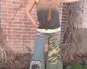 Patchwork, Eco Gaucho PANTS, S/M,  front /backpockets, upcycled clothing, yoga, festival, hippie, green mix ,Bob Dylan applique, by Zasra