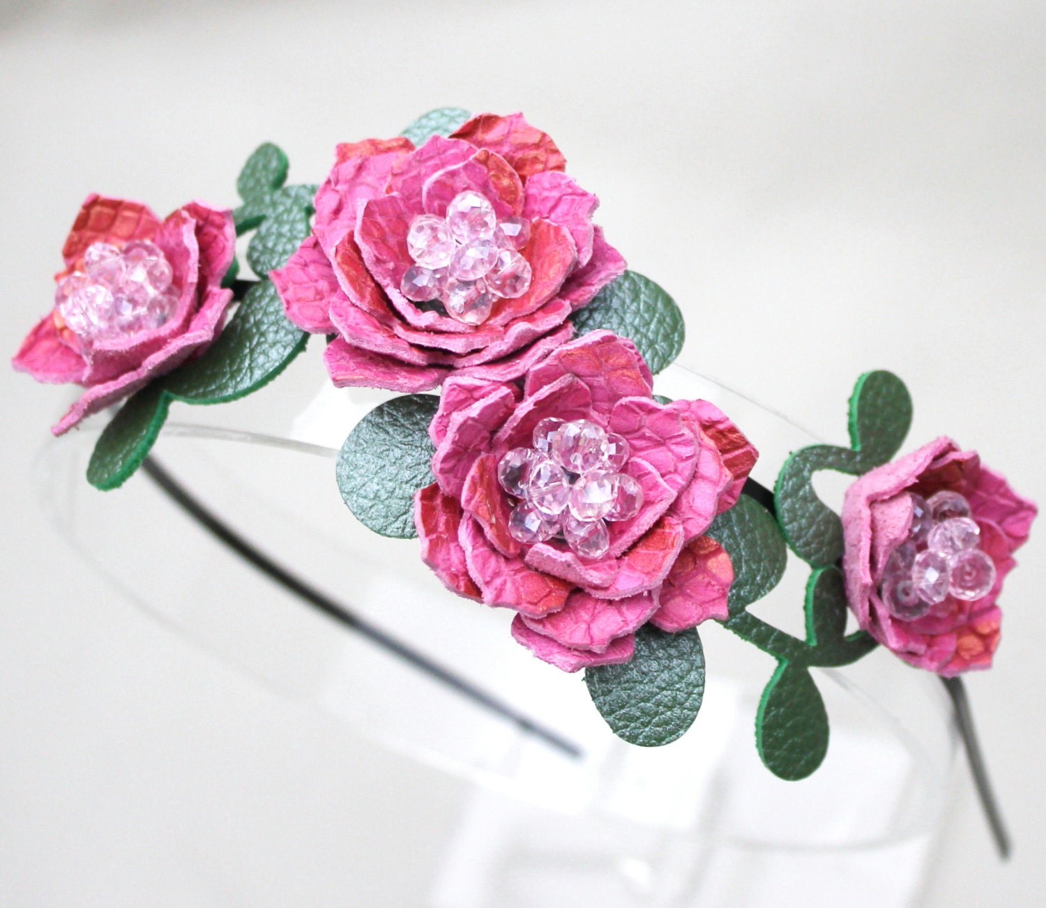 Bridal hair flower headband mauve headband wedding hairpiece leather headband with crystal beads woodland wedding