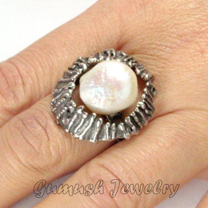 Engagement Ring, 925 Sterling Silver Ring,  White Pearl Ring, FANTASY Ring, Size 7 Custom