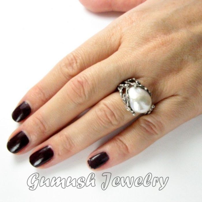 Pearl Engagement Ring, White Pearl Ring, Gumush STALAGMITE Ring, 925 Sterling Silver Ring, Pearl Rings, Size 10 Custom