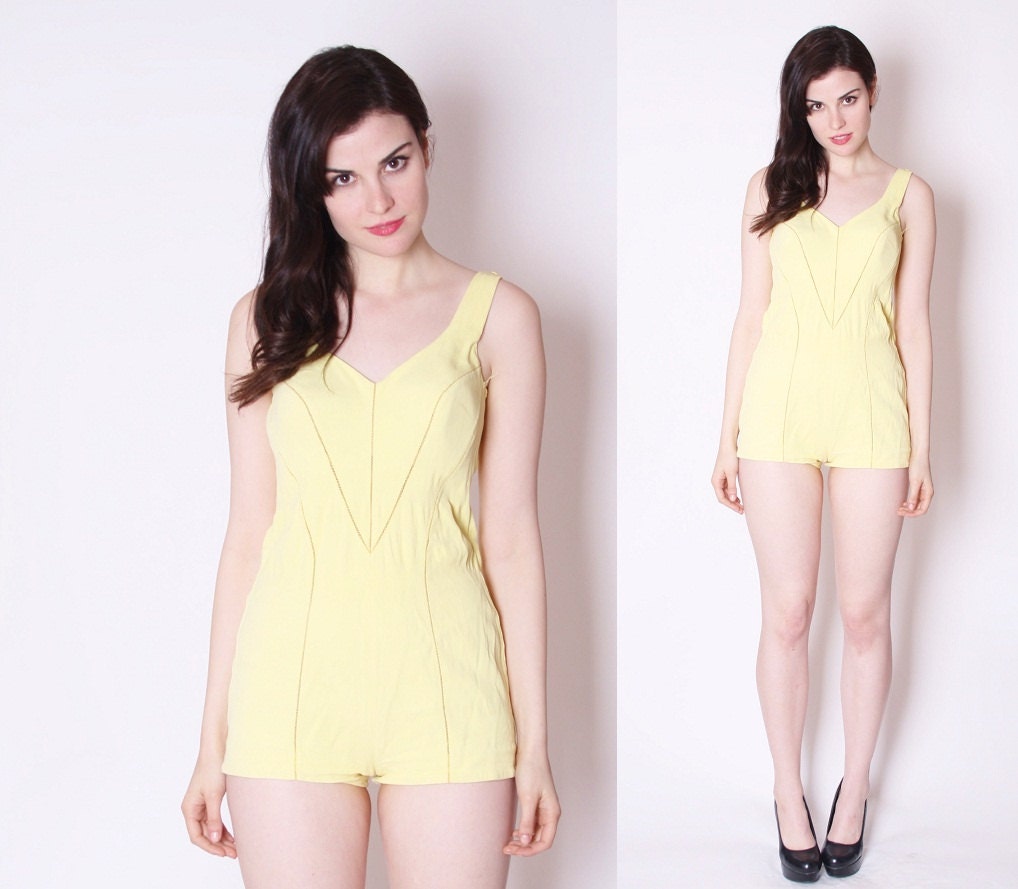 1950s Sunshine Yellow Chevron Bombshell Bathingsuit / 50s Swimwear / 1950s Swimsuits / 50s Rompers / 2156