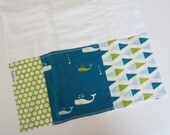 ORGANIC Baby Burpcloth - Nautical Baby Burp Cloth / Green and Blue Whales / Designer Organic Fabric
